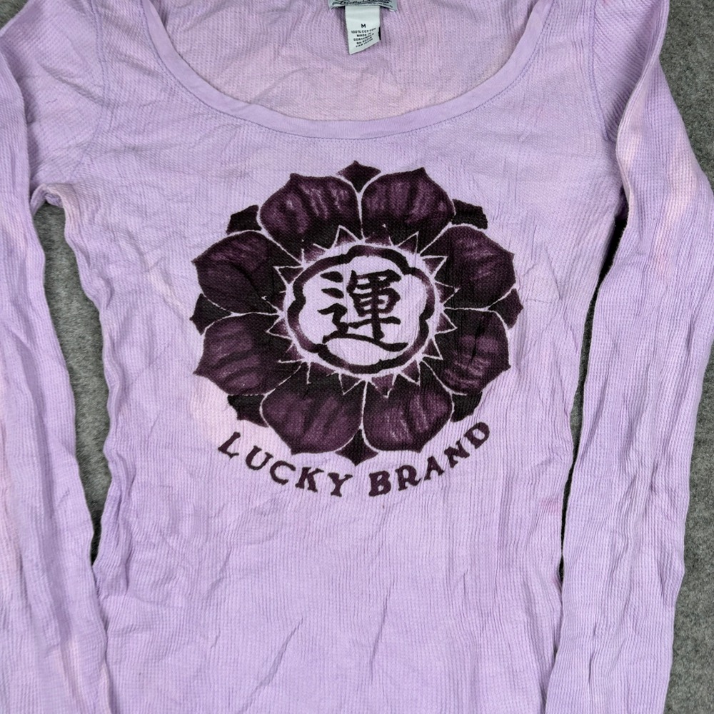 Lucky Brand Thermal Shirt Women Medium Purple Y2K Flower Graphic Waffle Knit - Picture 4 of 14